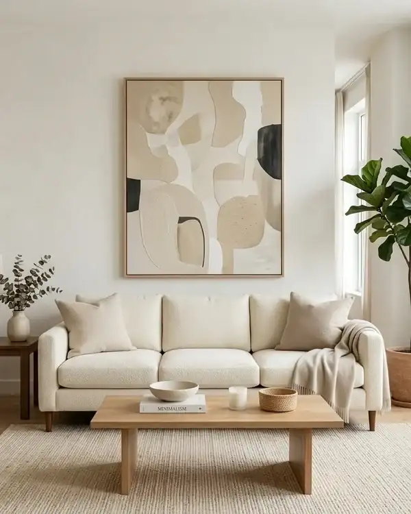 Modern sofa floating away from the wall in a minimalist living room