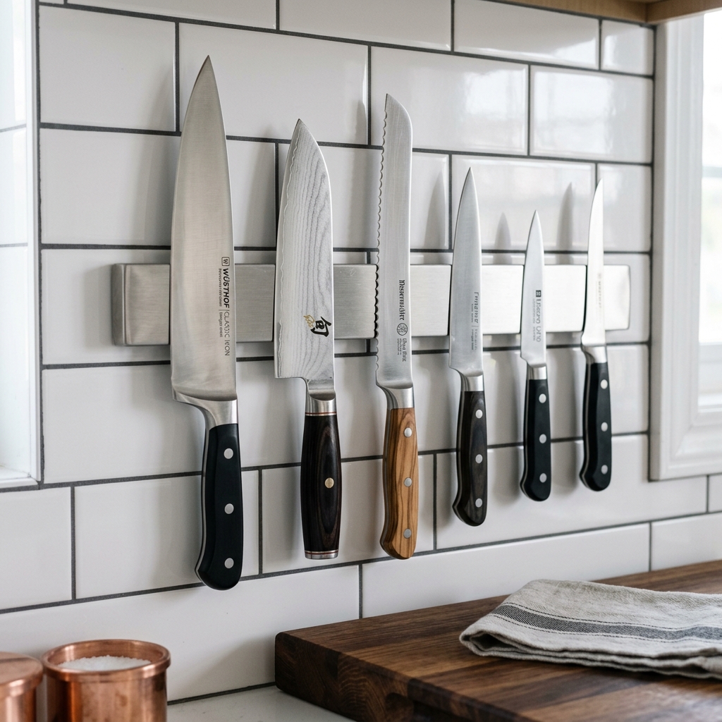 Magnetic knife strip on white subway tile backsplash