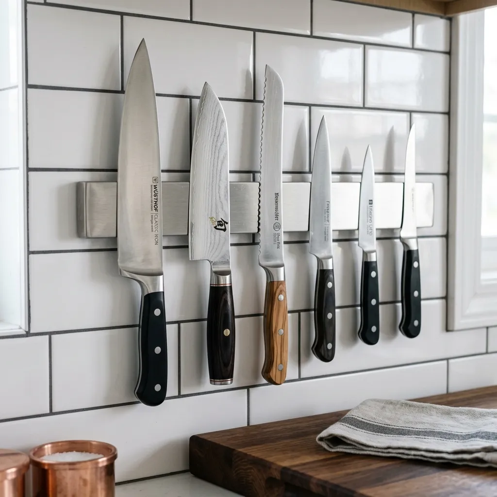 Magnetic knife strip on white subway tile backsplash