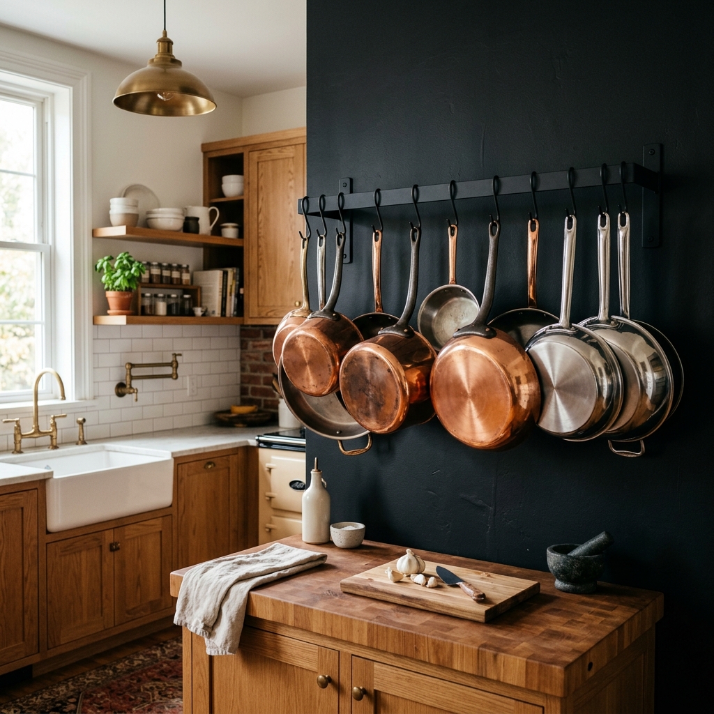 Wall-mounted pot and pan rack holding copper and stainless steel cookware