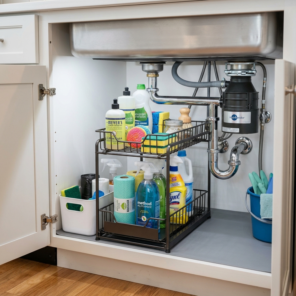 Under sink organizer with tiered metal storage rack